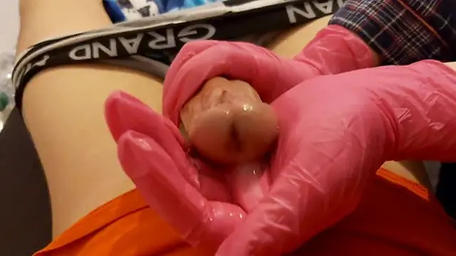 Pink Latex Gloved Handjob from my Wife