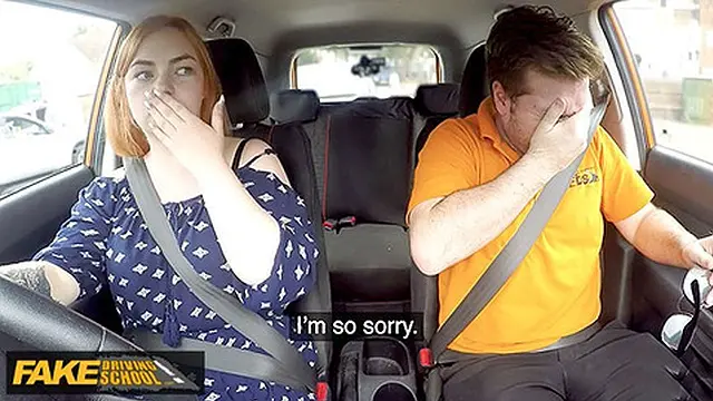 Curvy ginger takes a big dick🌭 in a car, lets him cum in her mouth - Fake Driving School