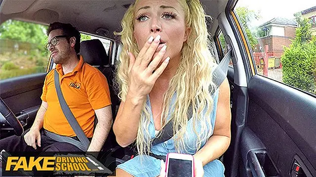 Blonde MILF unzips her dress for a hot ride in a car - Fake Driving School