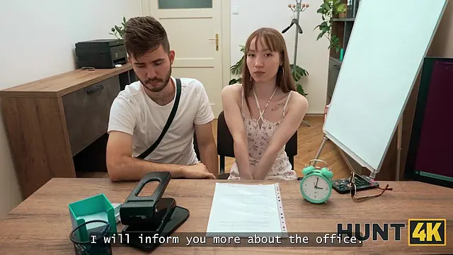 Shaved European girlfriend cheats on her boyfriend at a job interview