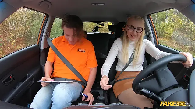 Blonde student with perfect titties and a puffy pussy takes driving school exam