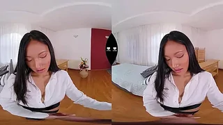 Virtual reality fantasy with a babe sucking on a massive cock.