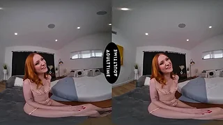 Up close VR: redhead in lingerie teases then takes hard POV fuck